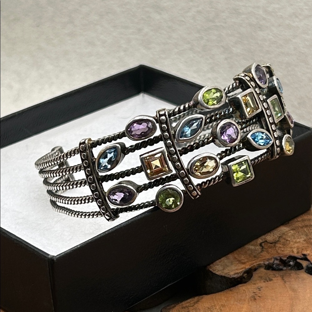 Sterling Silver Topaz Peridot Citrine Amethyst Green Amethyst Signed Cuff